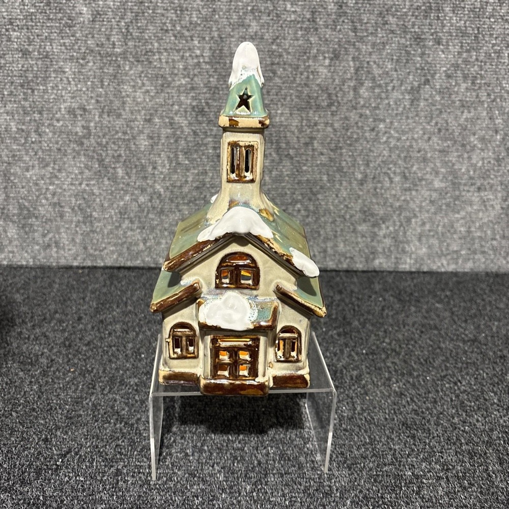 Vtg~Stoneware Snow Covered Church~Tealight Candle Holder/Decor/Christmas